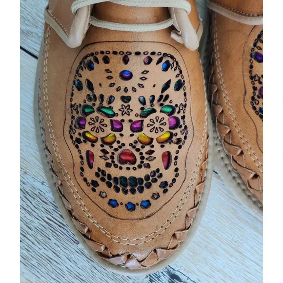 Genuine Leather Flat Skull Shoes Lace Up Tan Oxford Casual Mexican Size 8M - Picture 4 of 7